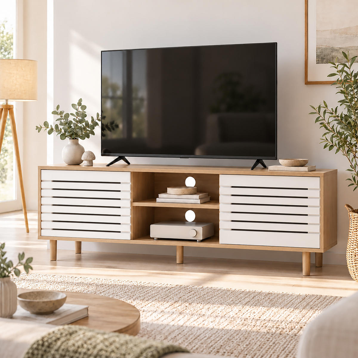 TV-SKŘÍŇKA bílá dřevodekor 2 posuvné dveře 140 cm - světle hnědá, dřevo/kompozitní dřevo (140/49/40cm) - Relaxdays