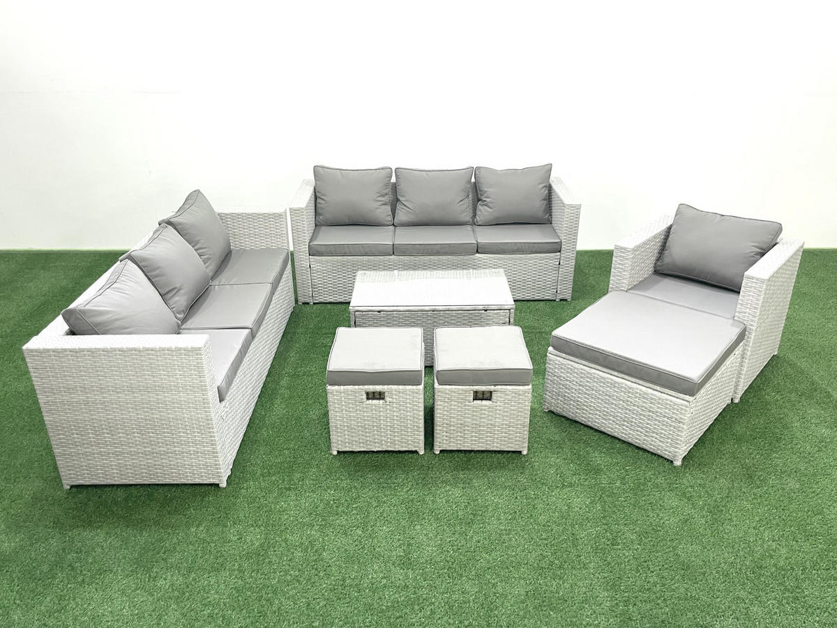 GARTENGARNITUR mit 3-SITZER SOFA,COUCHTISCH Polyrattan Hellgrau-Mix 10-Sitzer - Hellgrau/Grau, Glas/Kunststoff - Fimous