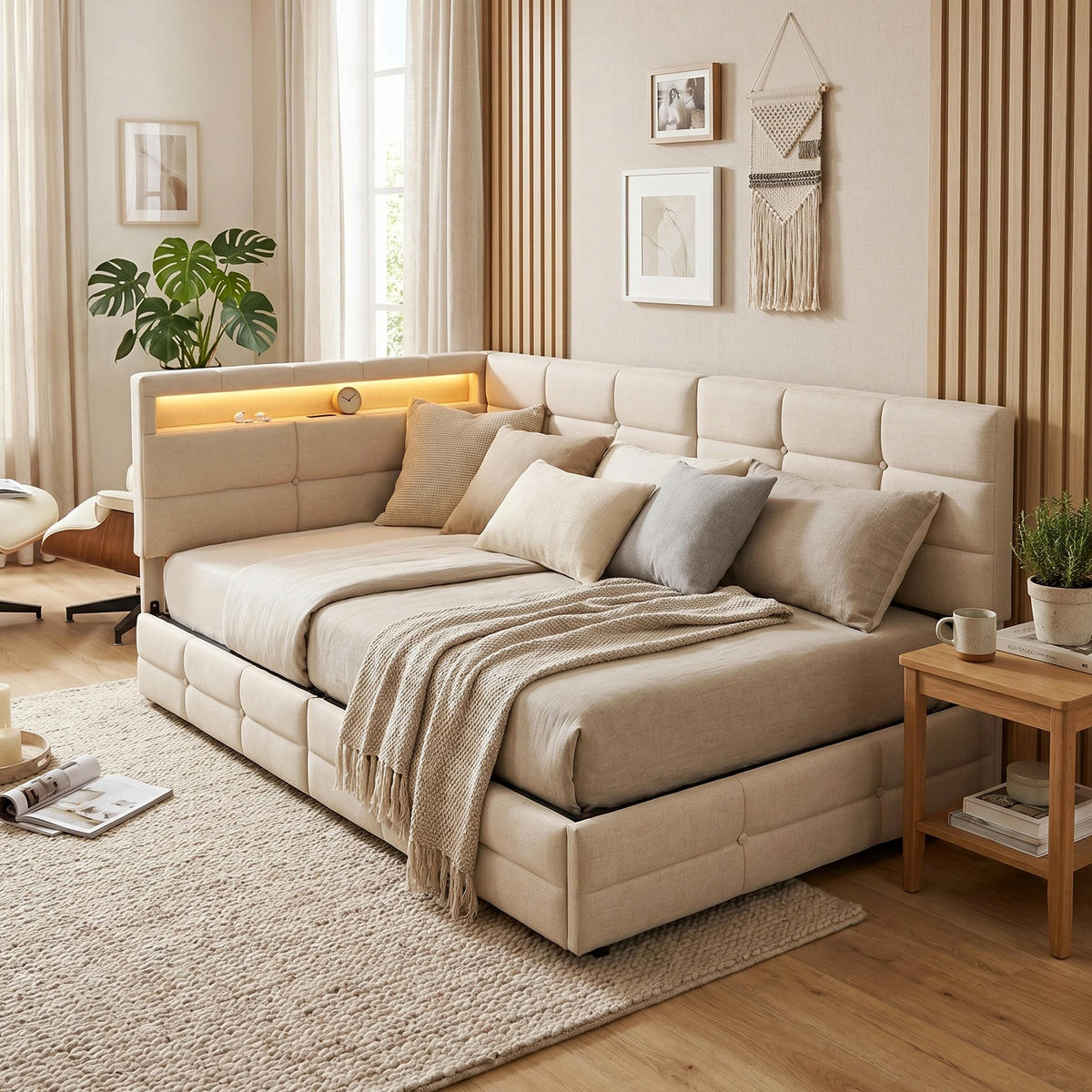 POLSTERBETT Reversibel 90/200 cm mit 2 Schubladen & RGB-LED Leinenoptik Beige - Beige, Textil (90/200cm) - Creahappy