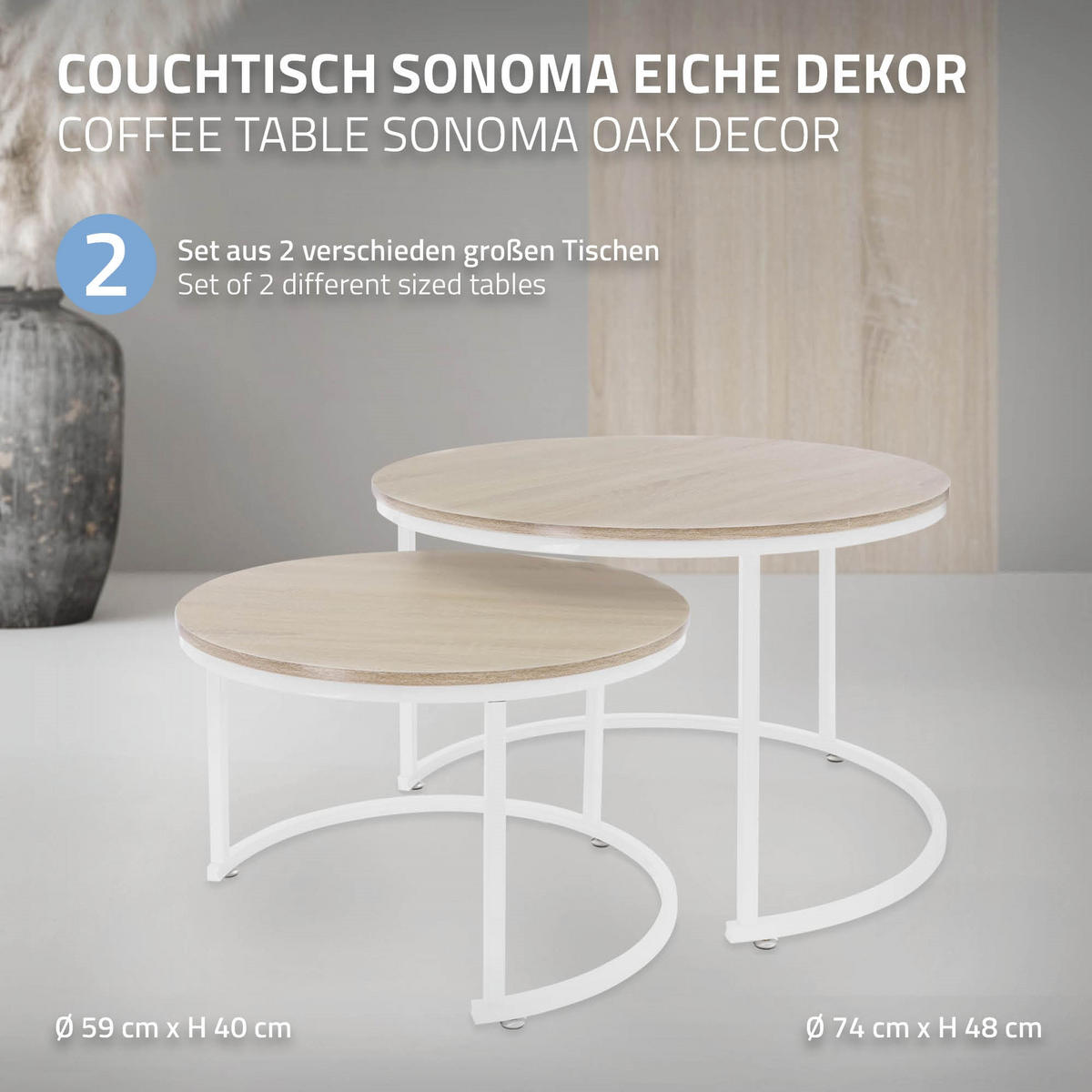 COUCHTISCH rund Sonoma-Eiche-Weiß 74/74/48-59/59/40 cm 2er Set - Weiß, Metall (74/48/74cm) - ML-DESIGN