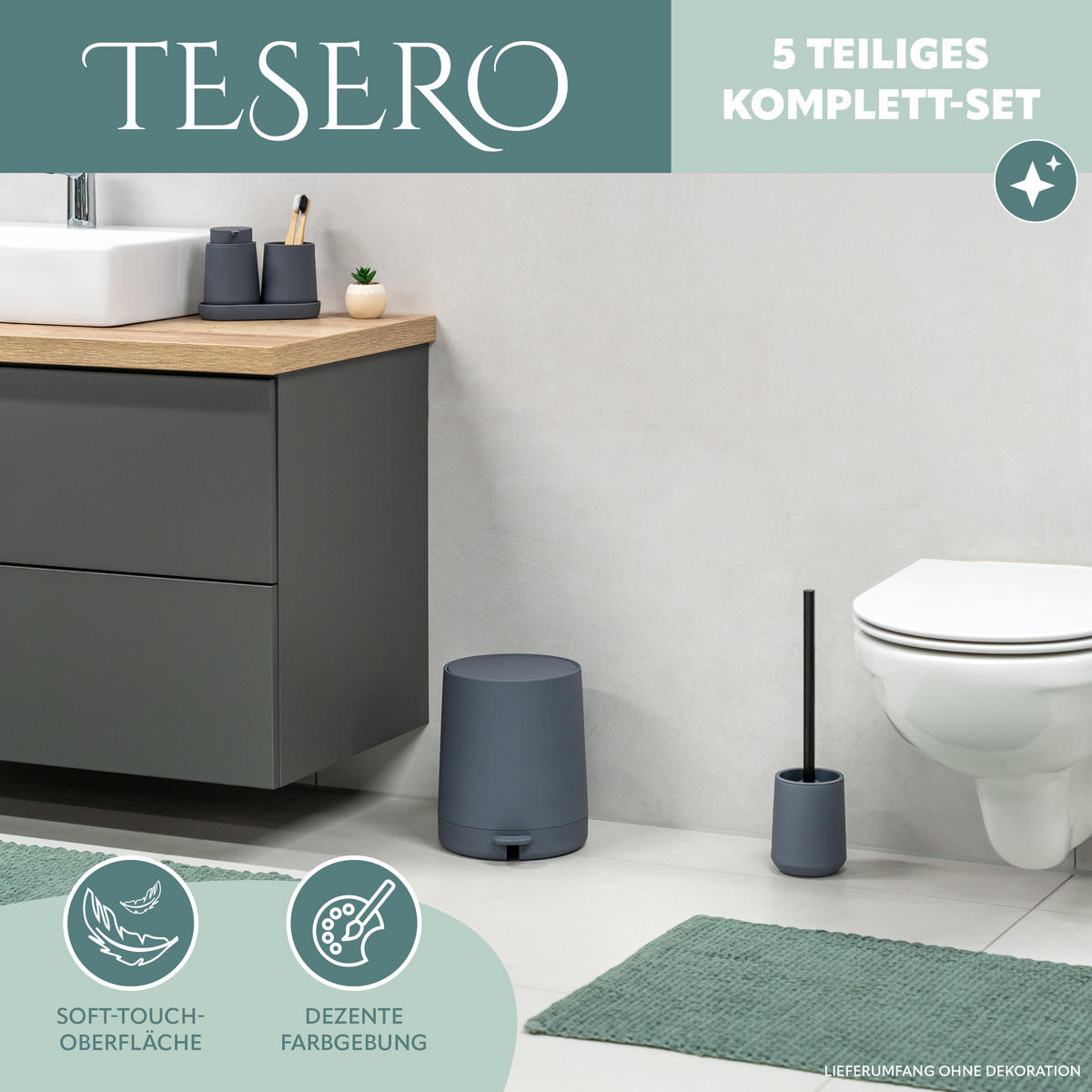 BAD-ACCESSOIRES-SET TESERO, Soft-Touch, grau - Grau, Kunststoff (22.5/25.5/25cm) - eluno