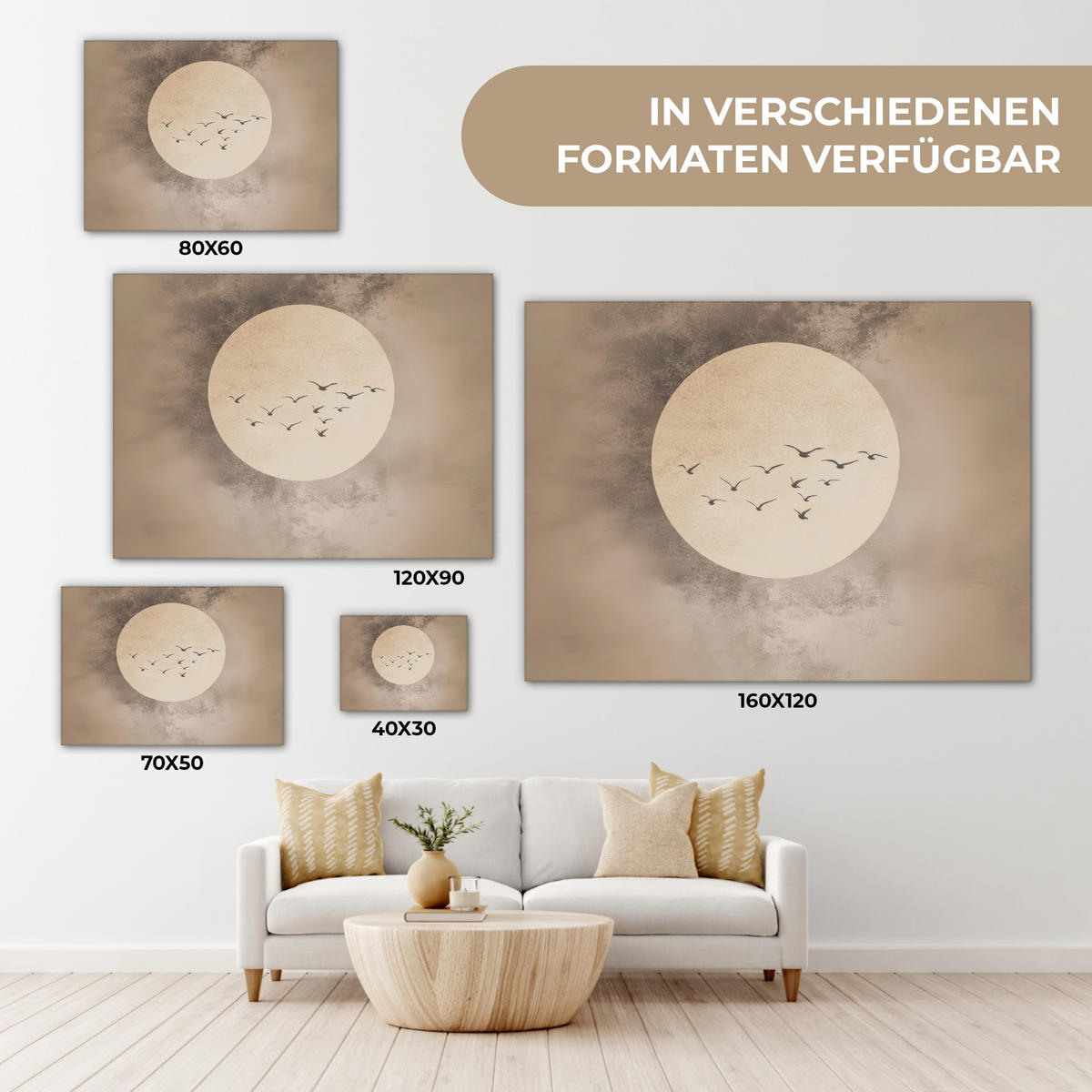 LEINWANDBILD Vogel - Beige - Japanisch Wandbilder 80x60 cm - Taupe, Textil (80/60cm) - MuchoWow