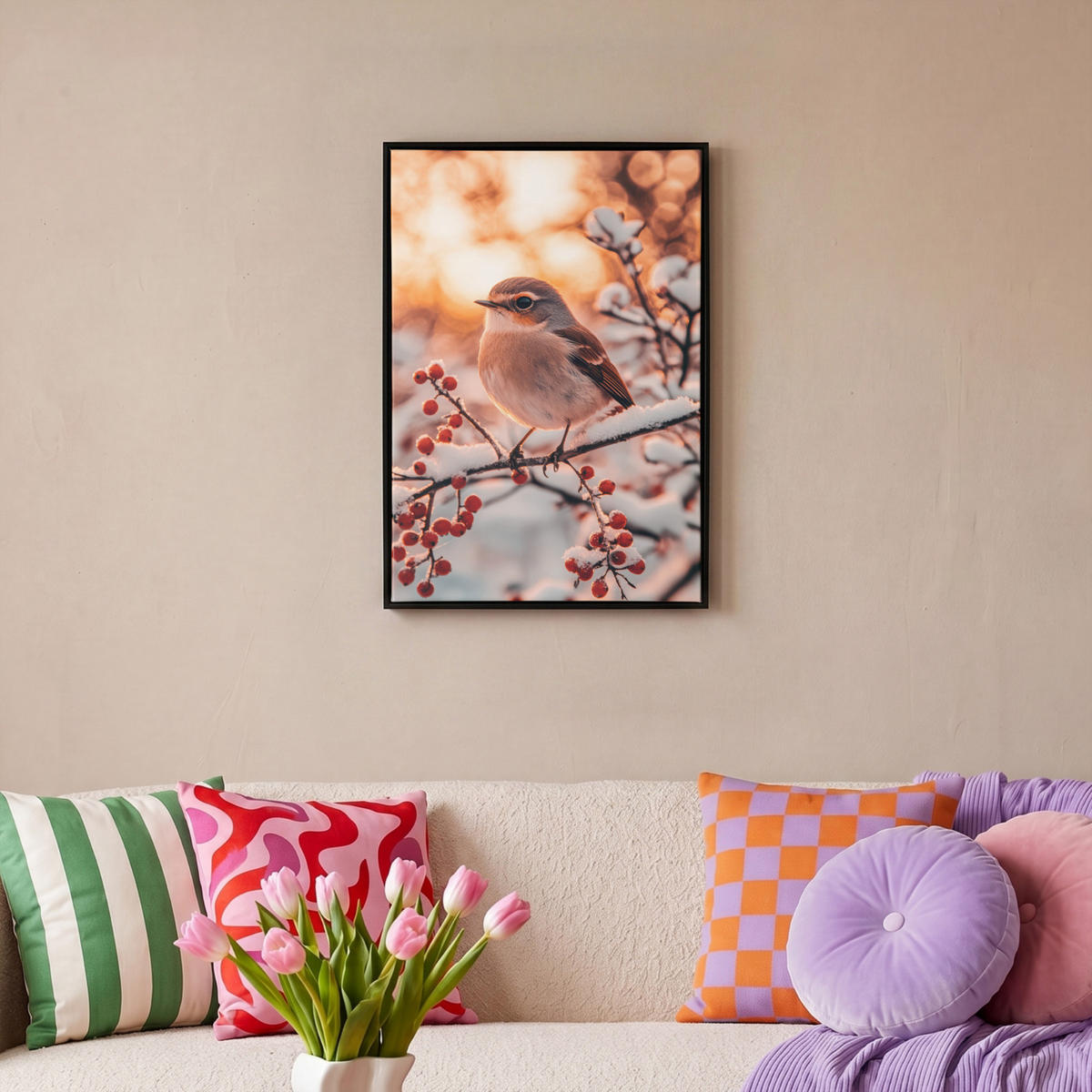 LEINWAND Bilder mit Rahmen - Vogel - Zweig - Winter - Tiere - Schnee - 40x60 - Bernsteinfarben, Textil (40/60cm) - MuchoWow