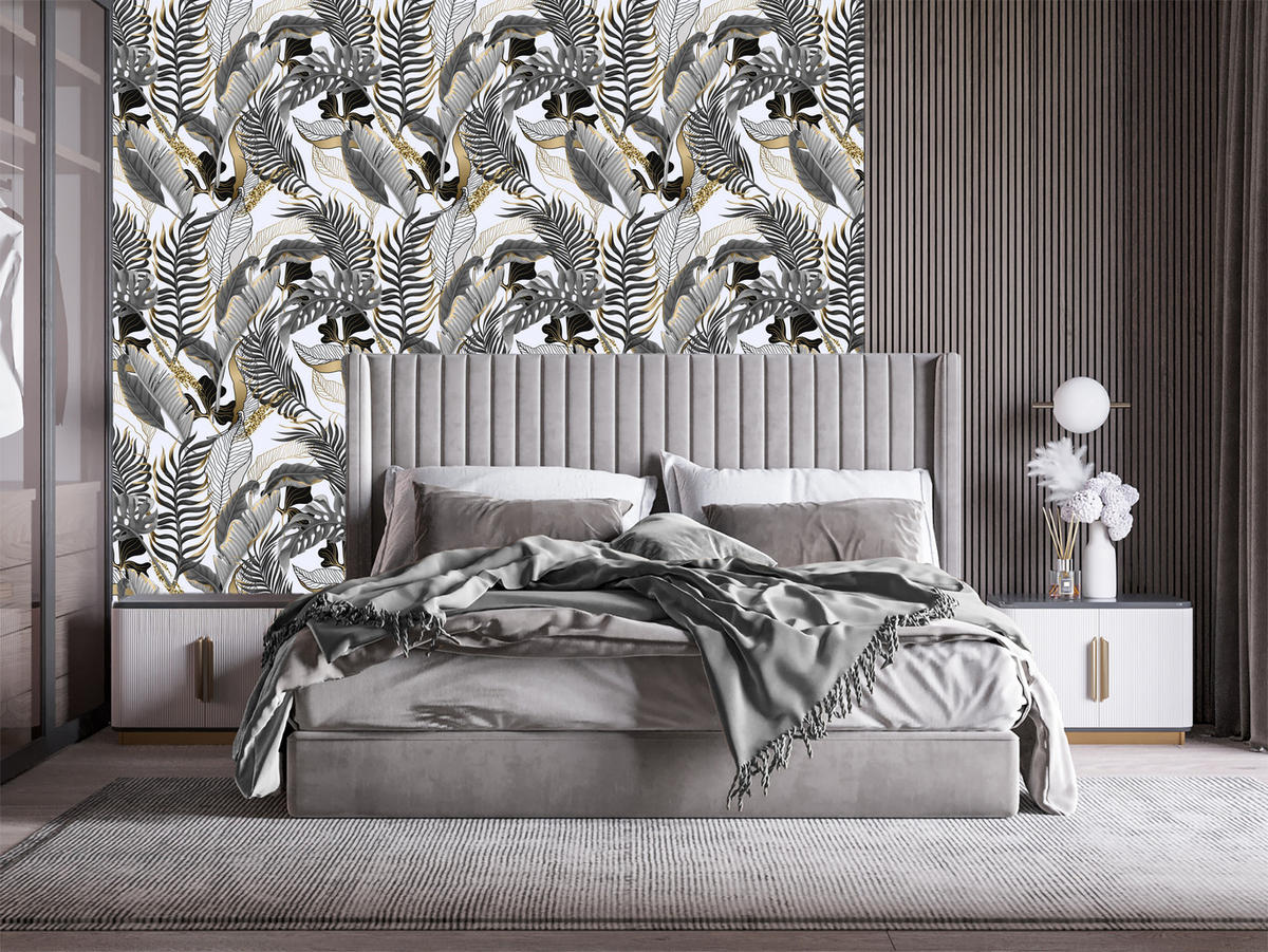 VLIESTAPETE Tropische Blätter – Schwarz, Goldfarben, Weiß – 50x1000 cm - Goldfarben/Schwarz, Papier (50/1000cm) - Muralo