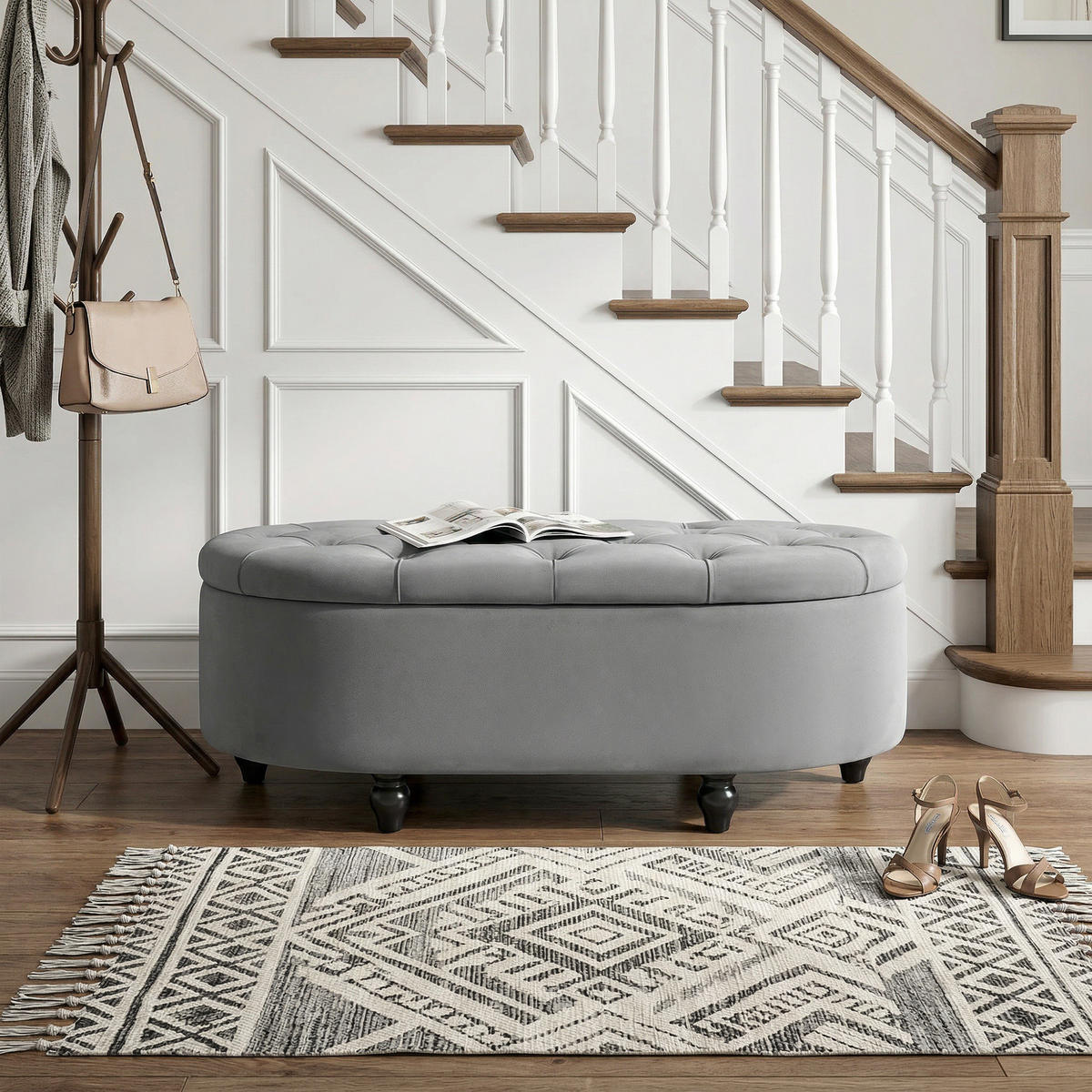 TRUHENBANK DE-07117 Samtoptik, Soft-Close Deckel Dunkelgrau - Dunkelgrau, Holz/Textil (46/42/120cm) - ComfortXL