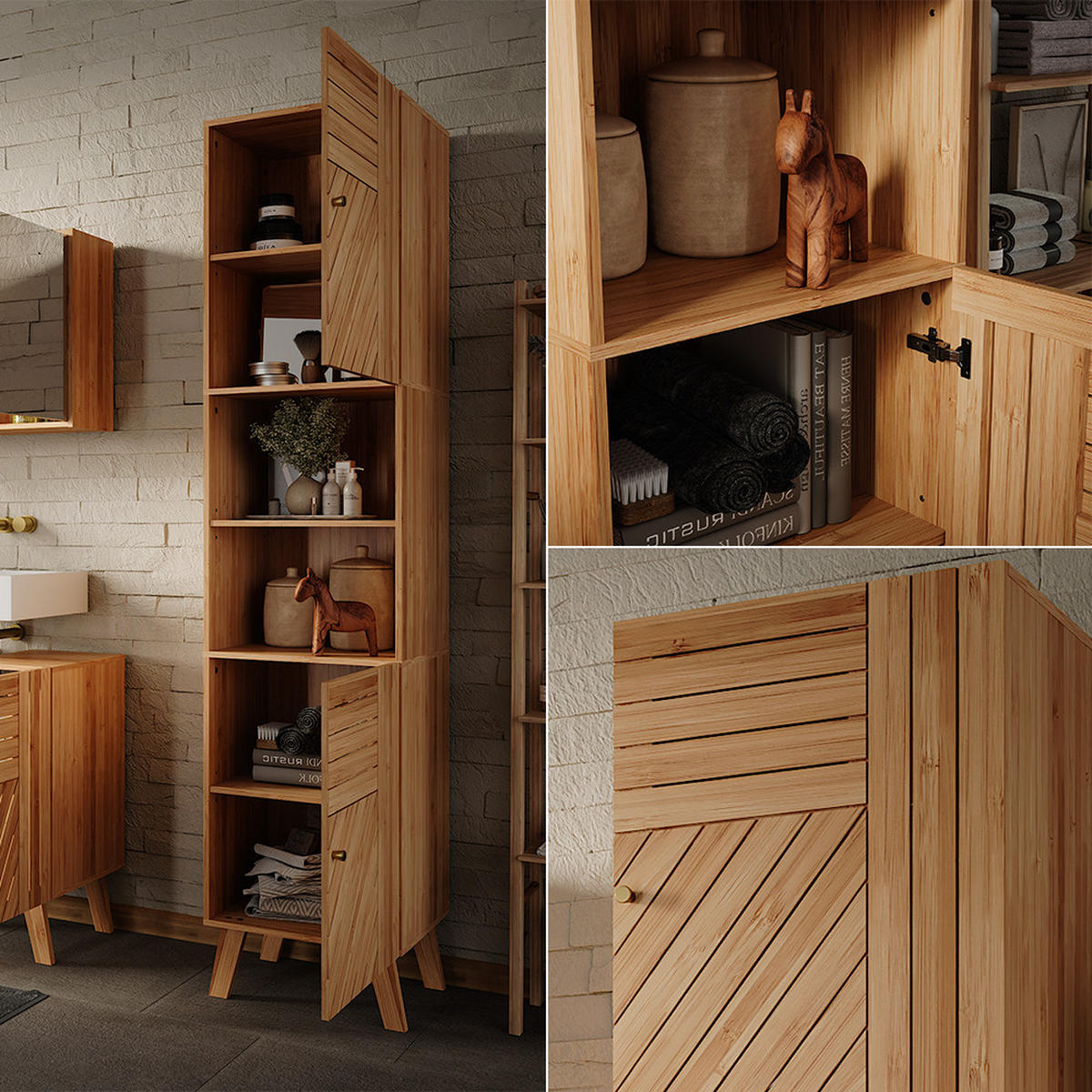 BADSCHRANK Lucie Bambus 40 x 177 cm mit 2 Türen - Grün, Holzwerkstoff (40/177/36cm) - Vicco