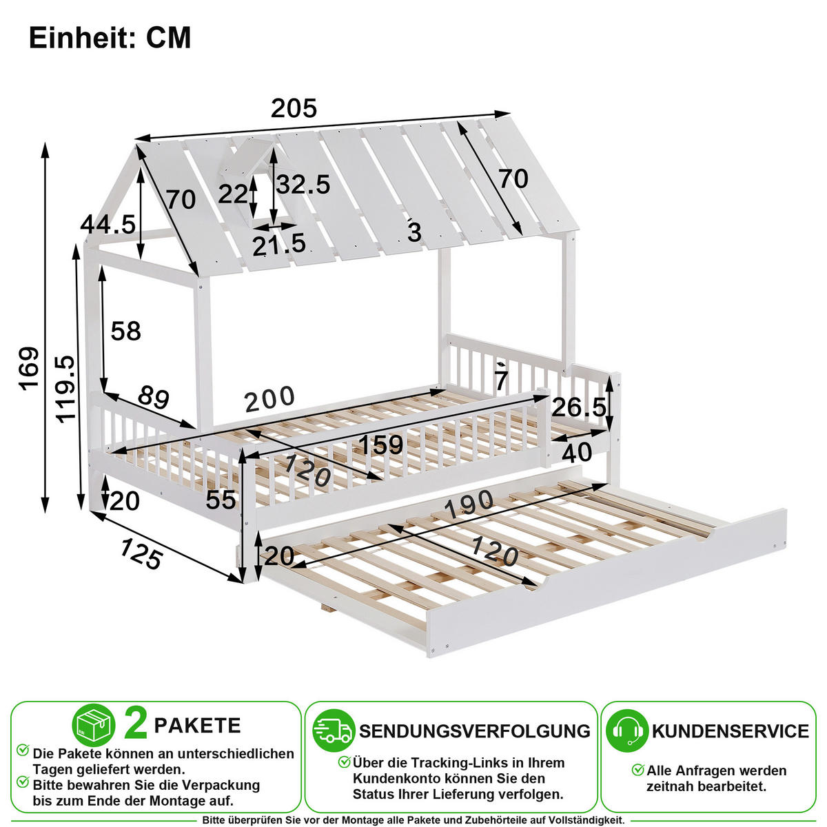 HAUSBETT 120/200 cm & 120/190 cm in Weiß mit Rollbett, Dach und 3-seitigem Gitter - Weiß, Holz/Holzwerkstoff (120/200cm) - CHICFURN