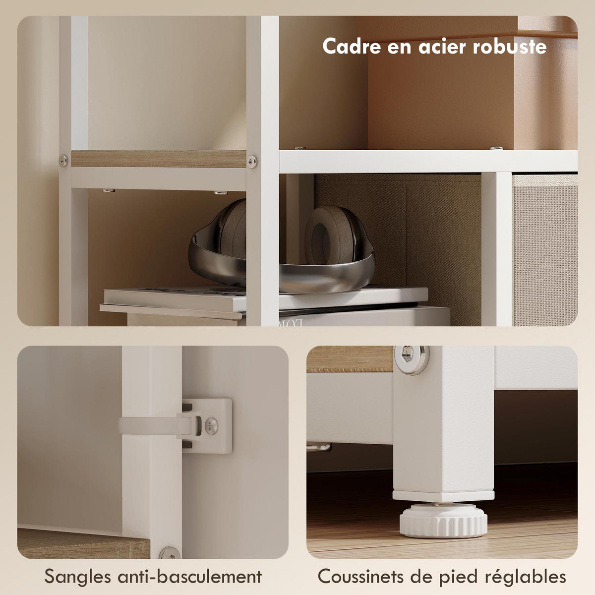 REGAL DE-15550 72,5/30/150 cm, 6 Ebenen mit 2 Stoffschubladen Weiß - Eichefarben, Metall (72.5/150/30cm) - ComfortXL