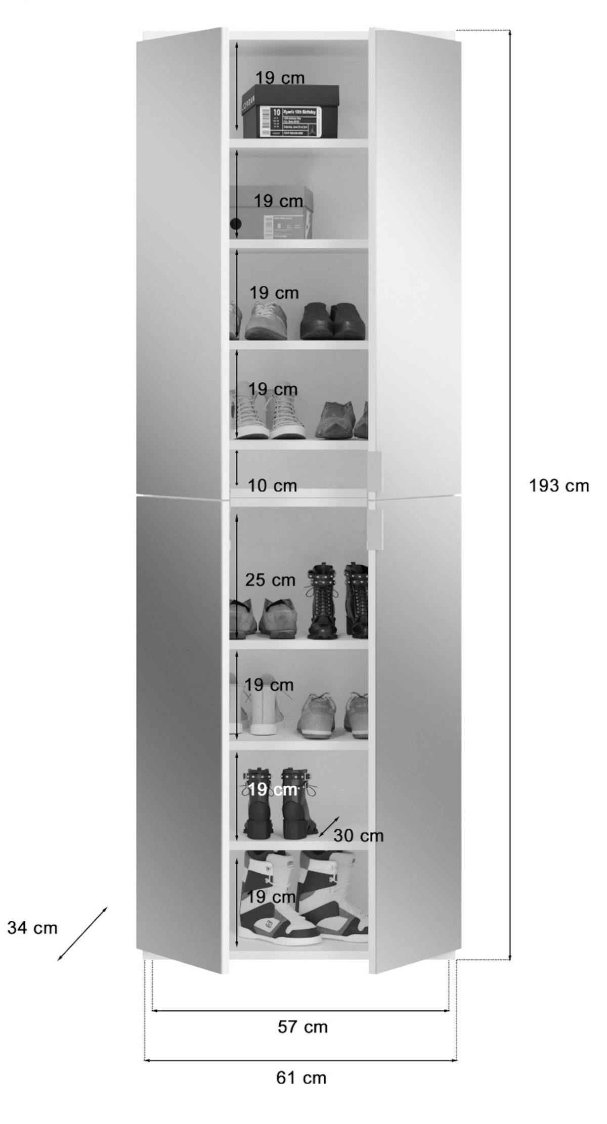 GARDEROBENSCHRANK weiß 61 cm 4-türig, Schuhschrank mit Spiegeltüren, Garderobenmöbel - Silberfarben/Weiß, Holzwerkstoff/Kunststoff (61/193/34cm) - Inn.Furn