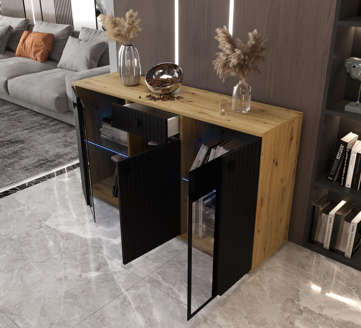 KOMMODE London LSMK LAMELE mit 3 Türen, Sideboard in Farbe: Schwarz|Braun, Größe: 140 x 80 x 40 cm - Schwarz/Braun, Holzwerkstoff (140/80/40cm) - O-Sofa
