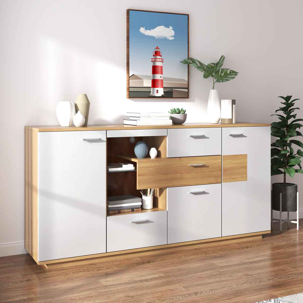 SIDEBOARD 160cm LED Weiß Holzoptik 2 Türen 4 Schubladen - Naturfarben, Holzwerkstoff (40/77/160cm) - FLIEKS