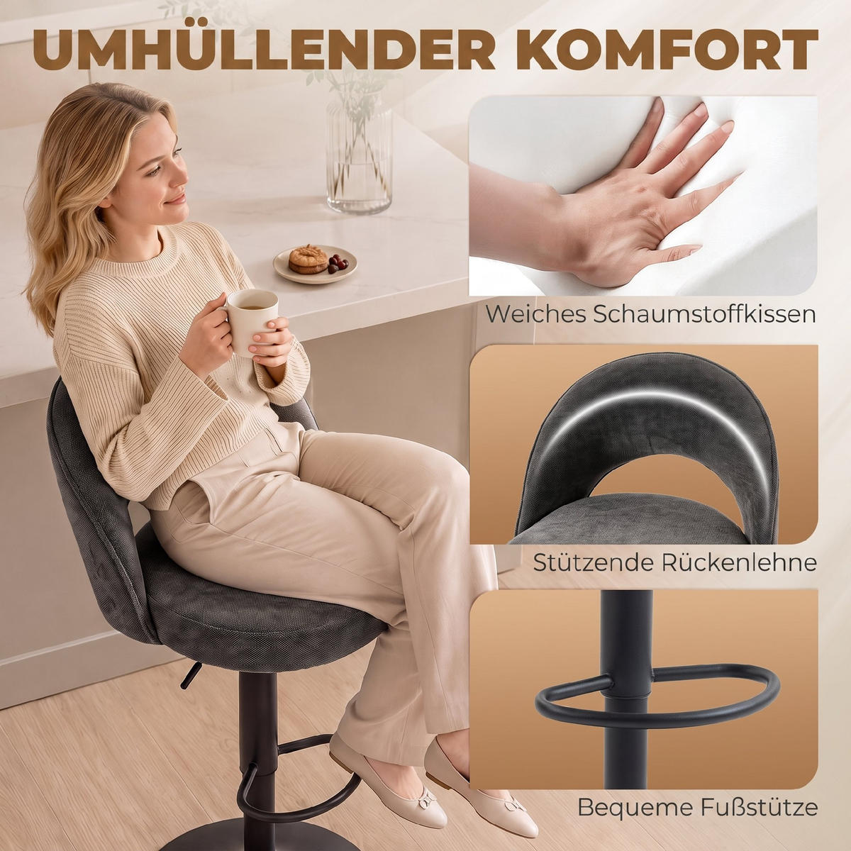 BARHOCKER 2er Set Chenille 100 Polyester Dunkelgrau - Dunkelgrau/Schwarz, Textil/Metall (48/110/49.5cm) - HOMCOM
