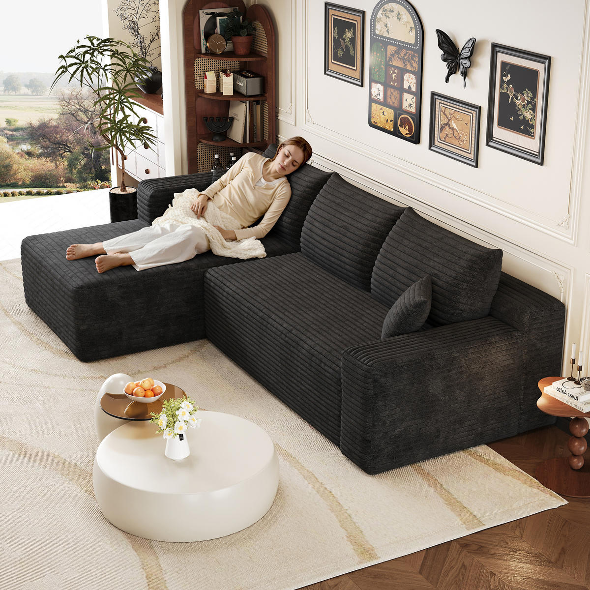 ECKSOFA Cord Schwarz ohne Montage - Schwarz, Textil (241/151cm) - WISHDOR