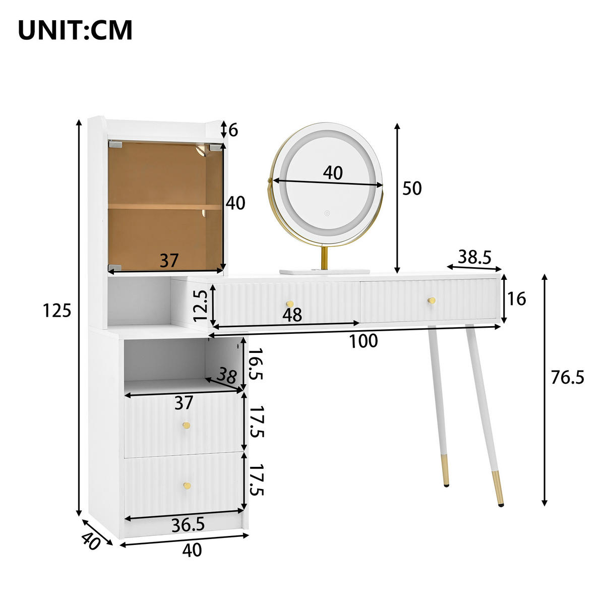 SCHMINKTISCH 100/40/125 cm mit LED-Spiegel, 4 Schubladen und beleuchteter Glasvitrine, Weiß - Weiß, Holzwerkstoff (40/125/100cm) - Redom