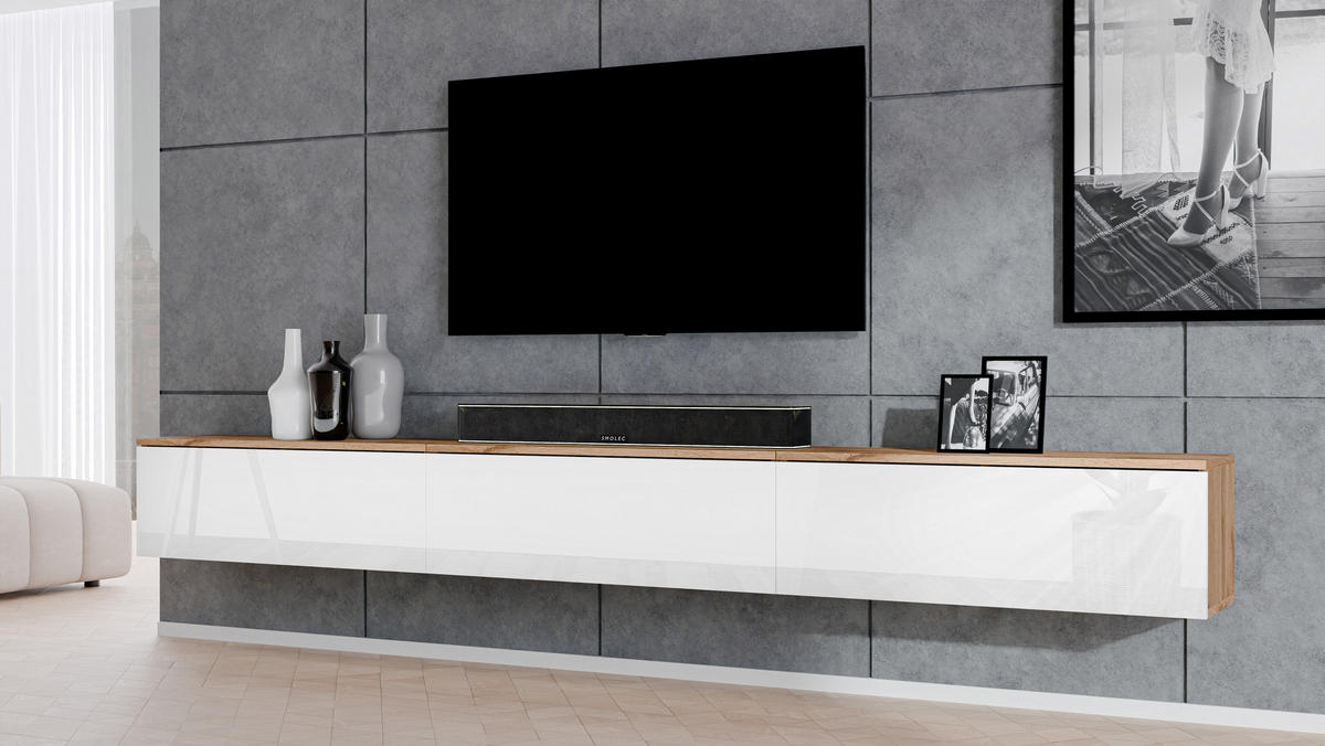 LOWBOARD Loriano 3x100 Eiche Wotan, Weiß Hochglanz 300/34/32 cm – TV Board - Braun/Weiß, Holzwerkstoff/Kunststoff (300/34/32cm) - AX Living