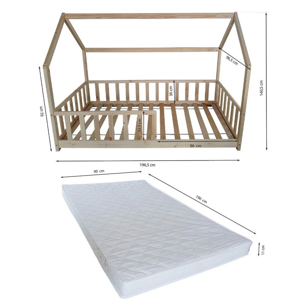 HAUSBETT KIWI mit Lattenrost/ Kinderbett 90x190 - Weiß - Naturfarben, Holz (90/190cm) - Weber Industries