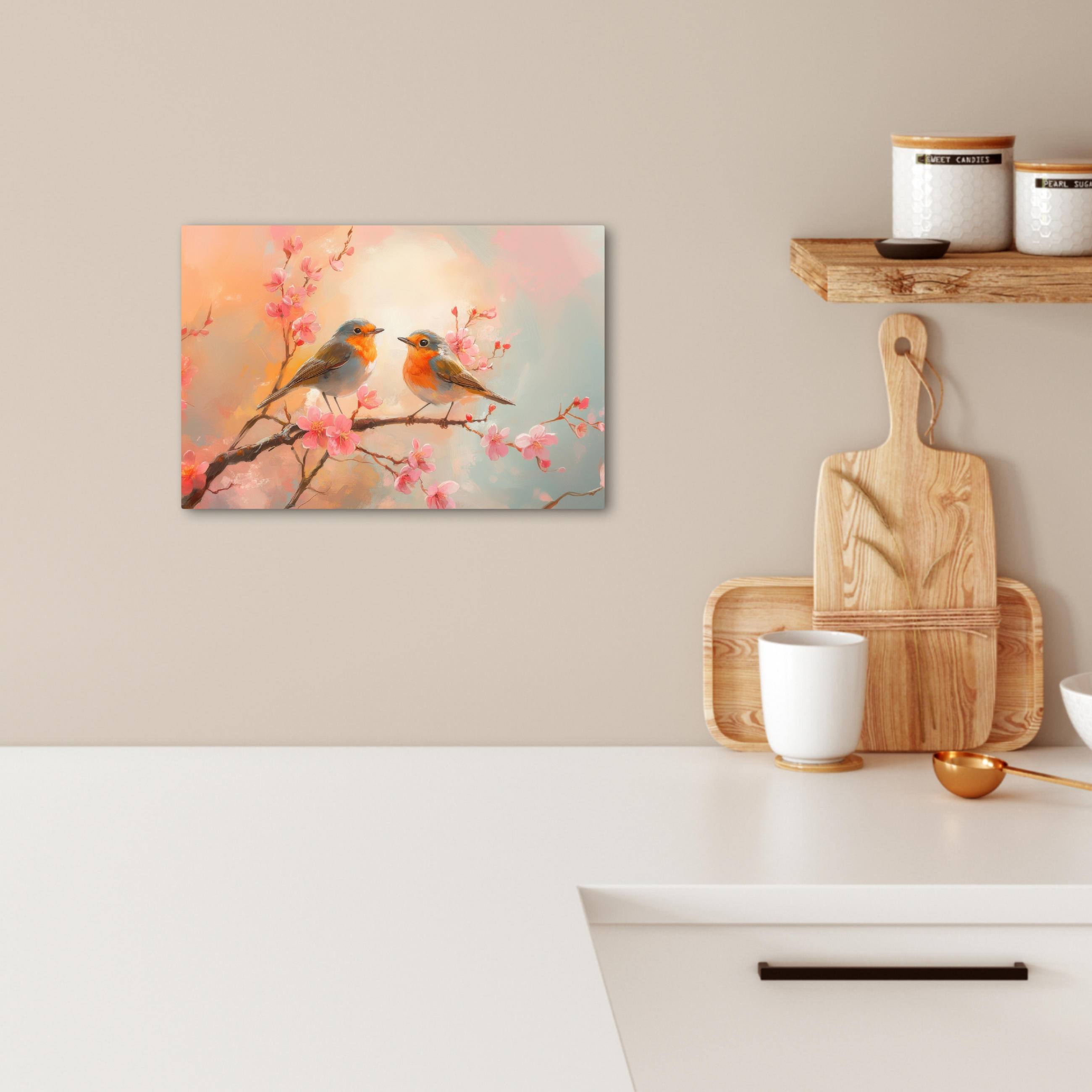 LEINWANDBILD Rotkehlchen - Zierpflanze - Blütenzweig 30x20 cm - Hellrosa, Textil (30/20cm) - MuchoWow