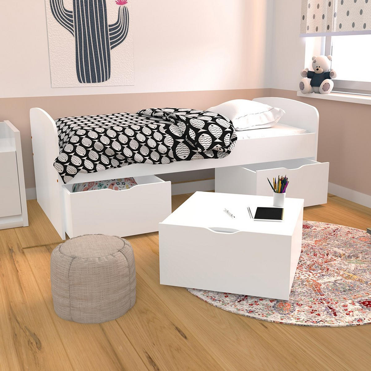 KINDERBETT MIA / SPIELBETT Lattenrost + 3x Schubladen - Weiß - Weiß, Holz/Holzwerkstoff (90/190cm) - Weber Industries