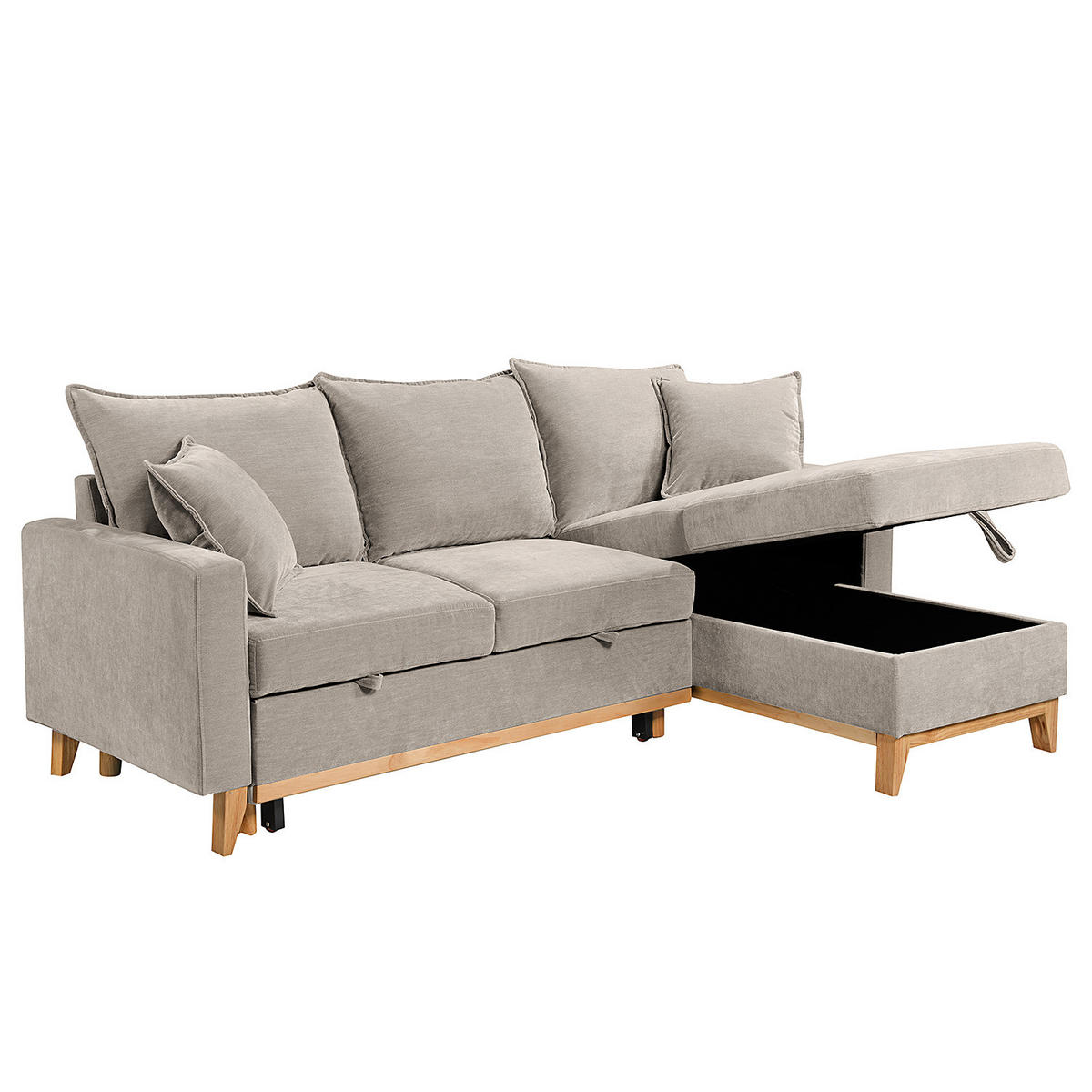 ECKSOFA mit Schlaffunktion - Flachgewebe - Hellbraun/Grau, Holz/Textil (214/145cm) - home24