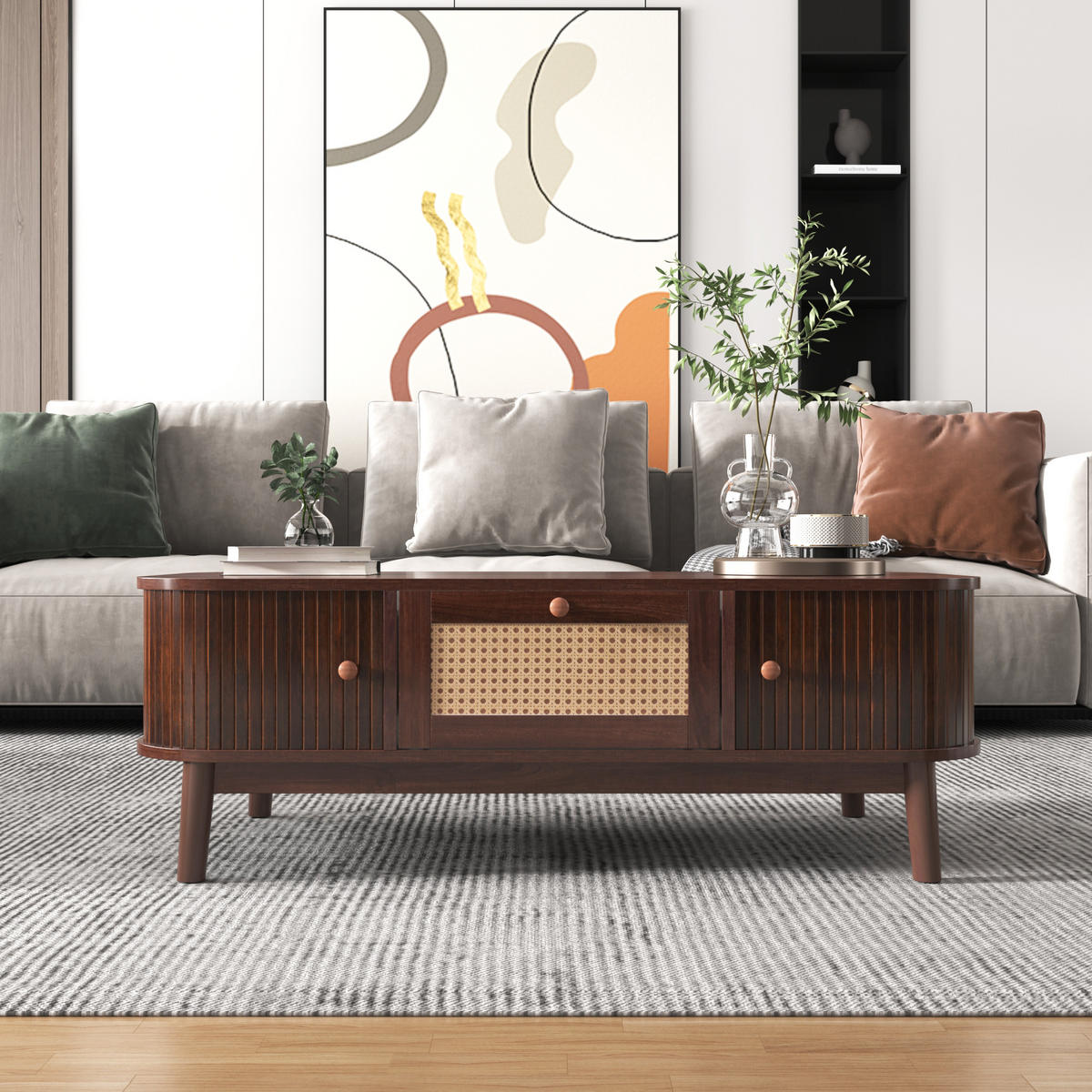 COUCHTISCH mit Rattan-Optik, Schubladen & Schiebetüren, MDF-Korpus, Massivholzbeine, 110/55/38,5 cm,Naturfarben - Naturfarben, Holzwerkstoff (55/110/38.5cm) - Redom