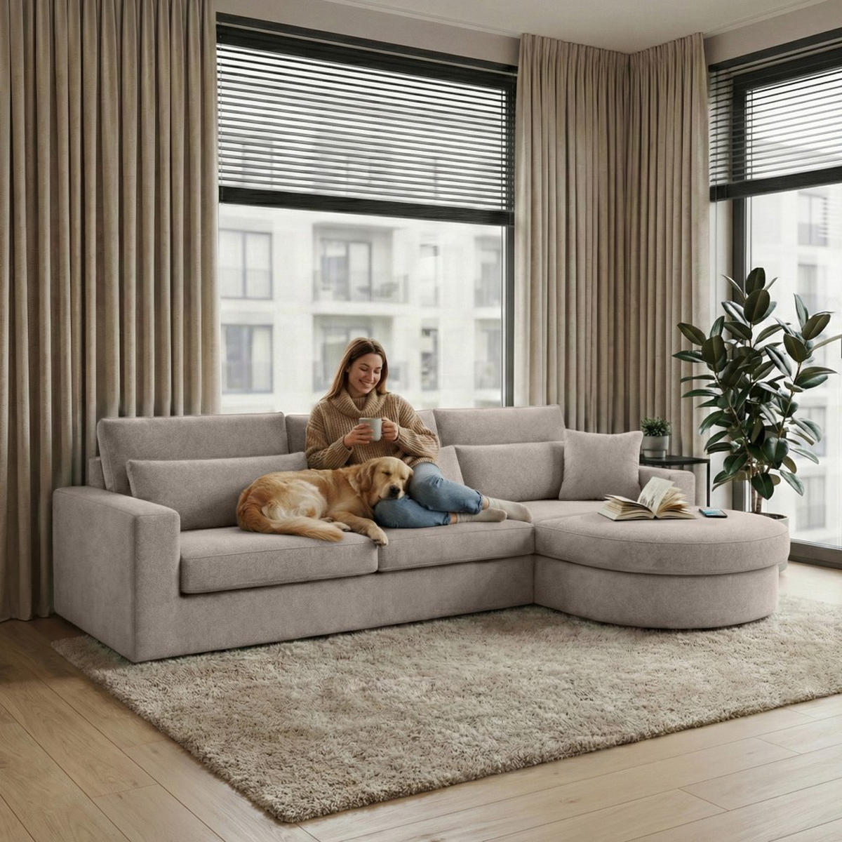 ECKSOFA Pablo ohne Schlaffunktion, mit abgerundeter Ottomane, rechts, Cappuccino, Velourstoff - Cappuccino, Textil (319/196cm) - Beautysofa