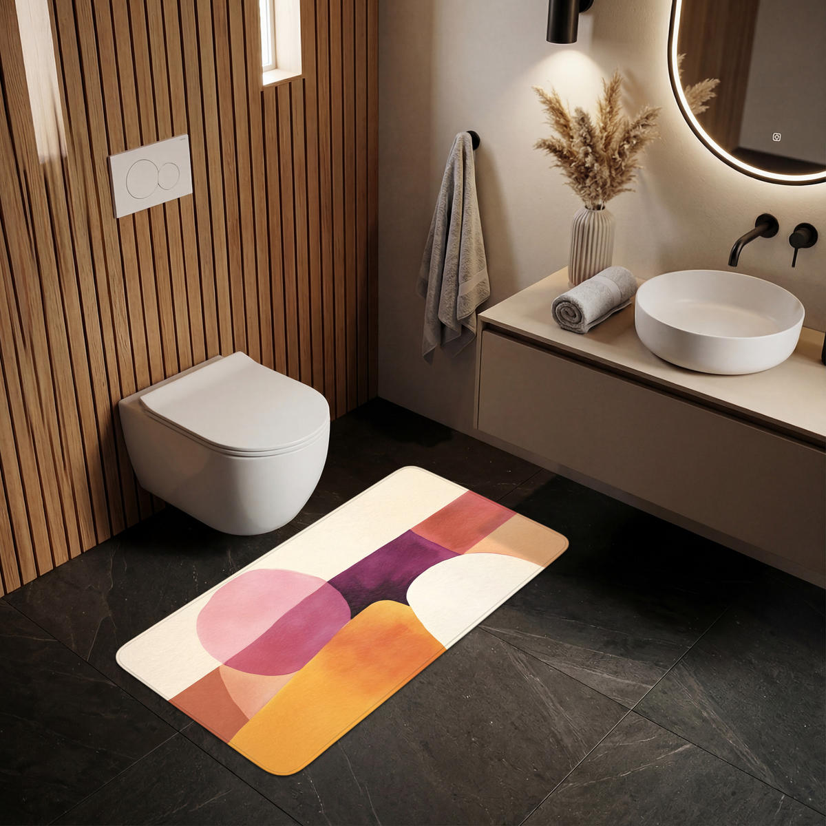 KOUPELNOVÁ PŘEDLOŽKA Tvary - abstraktní - barevné 120x60 cm - terakotová, textil/plast (120/60cm) - OnlyWow