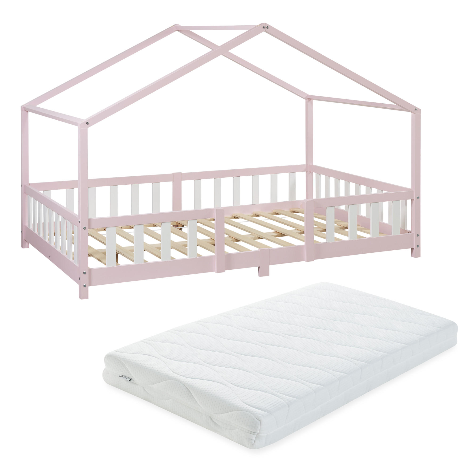 HAUSBETT Treviolo mit Matratze - Hellrosa/Weiß, Holz/Textil (140/200cm) - [en.casa]