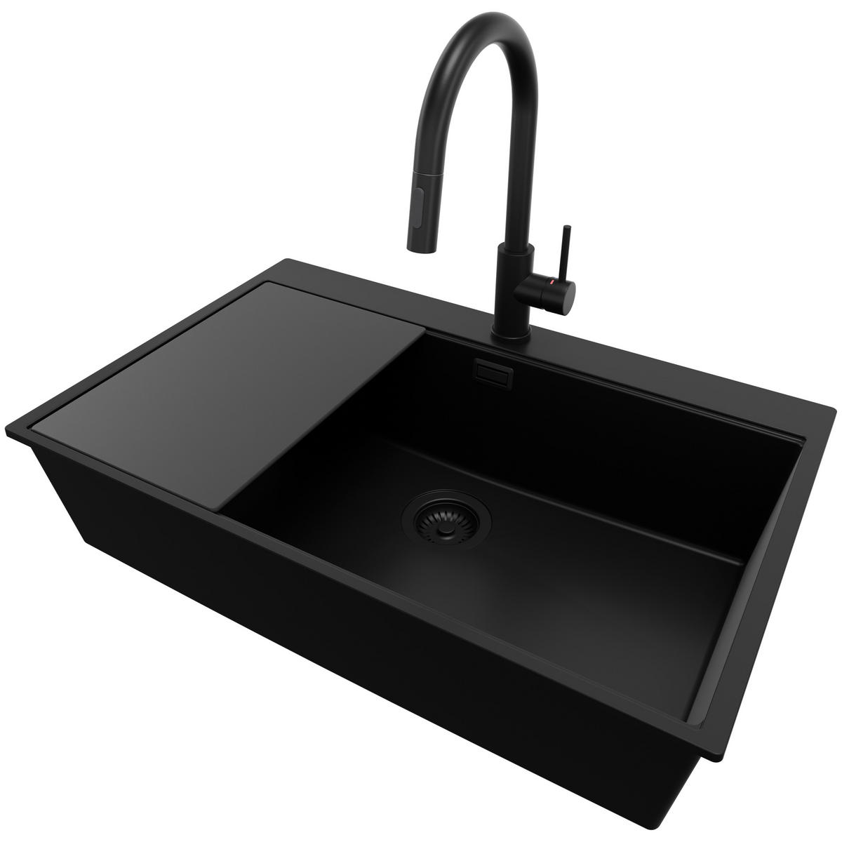 GRANITSPÜLE Oslo, 2-er set Alles Schwarz 78/50 cm 1 Becken + Küchenarmatur 40/20 cm + Ablauf-Set + Schneidebrett ab 80er Unterschrank - Schwarz, Kunststoff (78/20/50cm) - Primagran