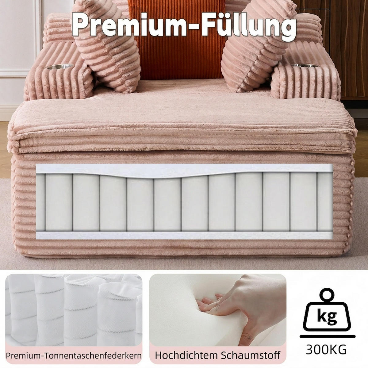 SCHLAFSOFA 165/112/63 cm Rosa mit Chaiselongue, 3 Kissen und 1 Decke - Rosa, Textil (112/63/165cm) - Oxeza