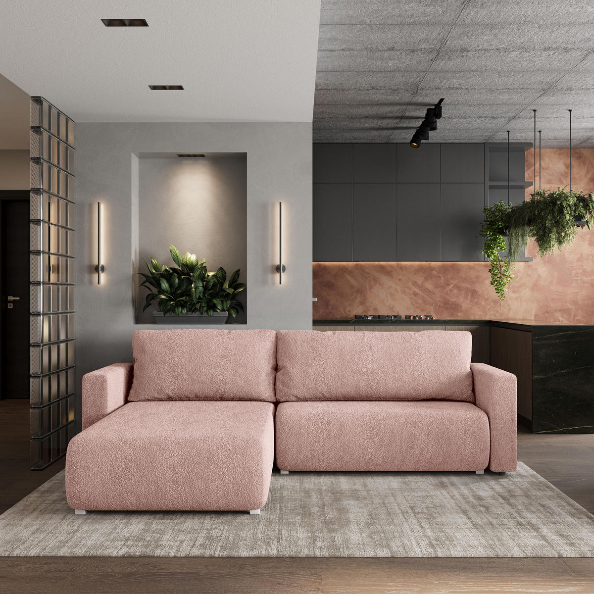 ROHOVÁ SEDAČKA TURIN starorůžová - šedá/starorůžová, dřevo/textil (265/183cm) - MASSENO