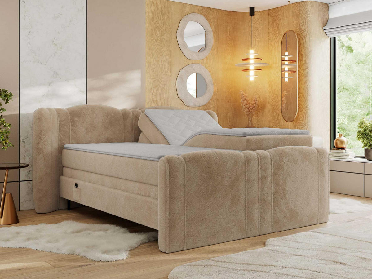 BOXBETT FORTINA 180/200 - Beige Plüsch - H4 - Beige, Holz/Textil (180/200cm) - MKS