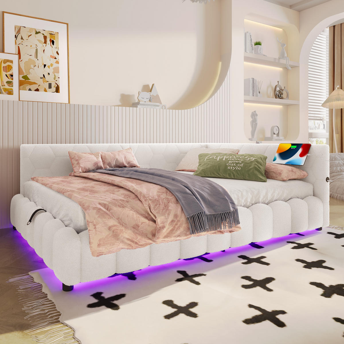 TAGEBETT 140x200cm Weiß Vliesimitat LED-Licht Hydraulik USB-C - Weiß, Holz (140/200cm) - FLIEKS