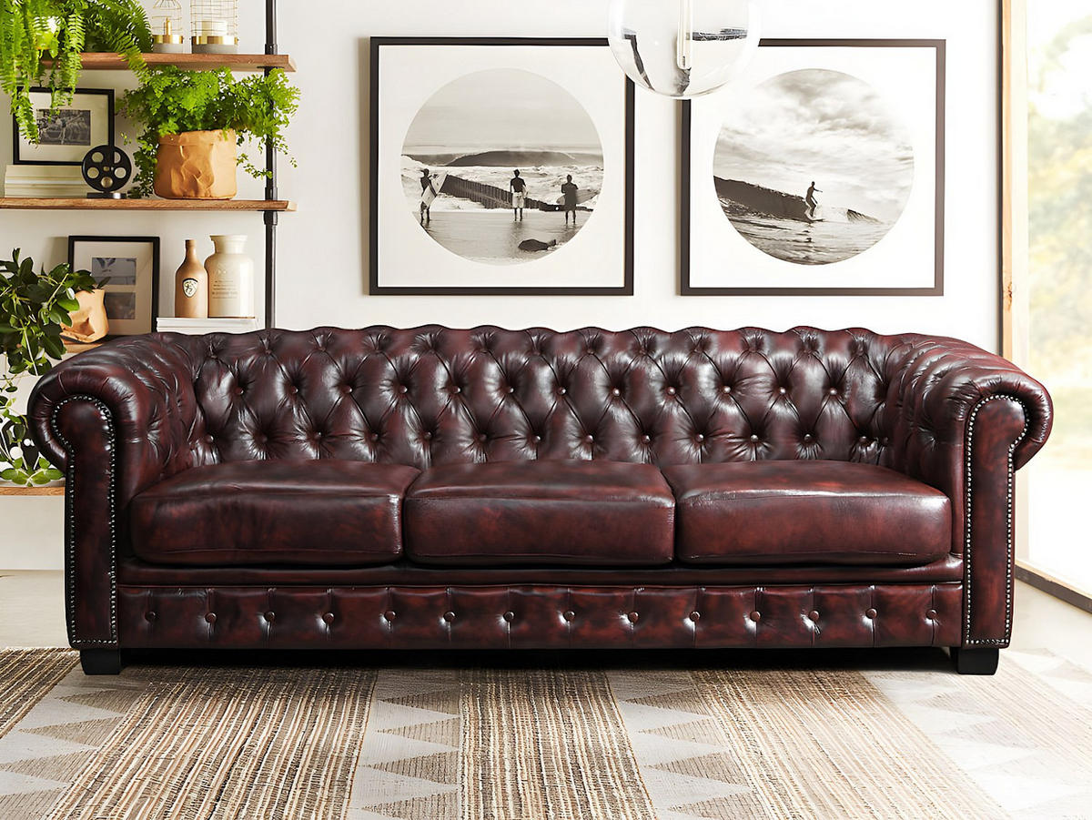 CHESTERFIELD Ledersofa 4-Sitzer - Büffelleder - Rotbraun - BRENTON - Bordeaux, Leder (240/73/99cm) - Vente-Unique