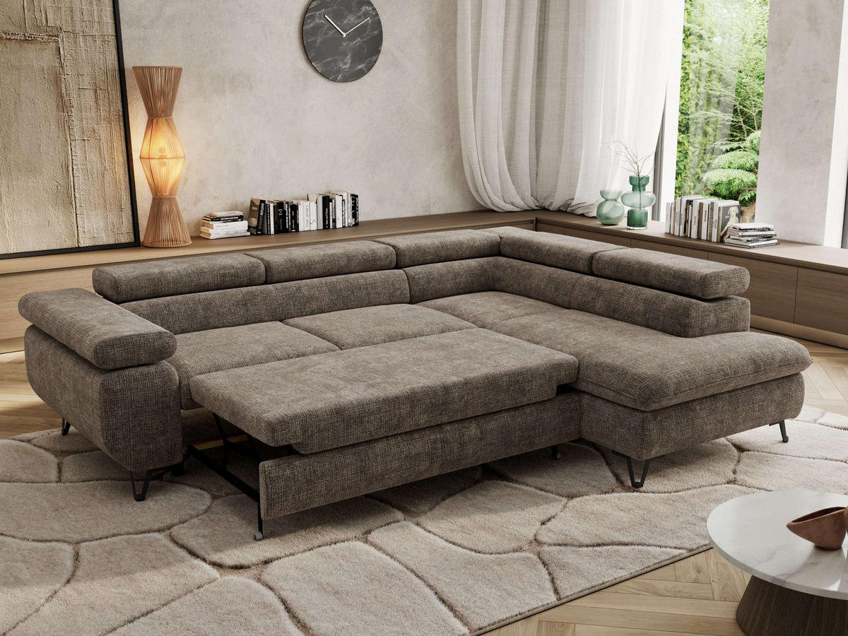 ECKSOFA PABLO L Braun Schenille grob gewebt - Rechts Seite mit T25 Topper - Schwarz/Braun, Textil/Metall (273/208cm) - MKS