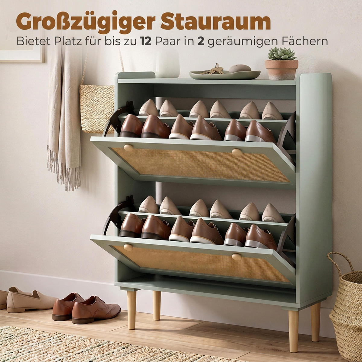 SCHUHSCHRANK MDF Hellgrün - Naturfarben/Hellgrün, Holz/Holzwerkstoff (26/101/80cm) - HOMCOM