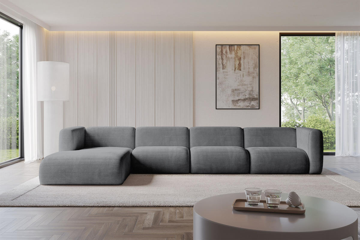 ECKSOFA Ottomane Links MIRA-L3 409x179x70 Dunkelgrau Cord - Dunkelgrau/Schwarz, Holzwerkstoff/Kunststoff (409/179cm) - ALTDECOR