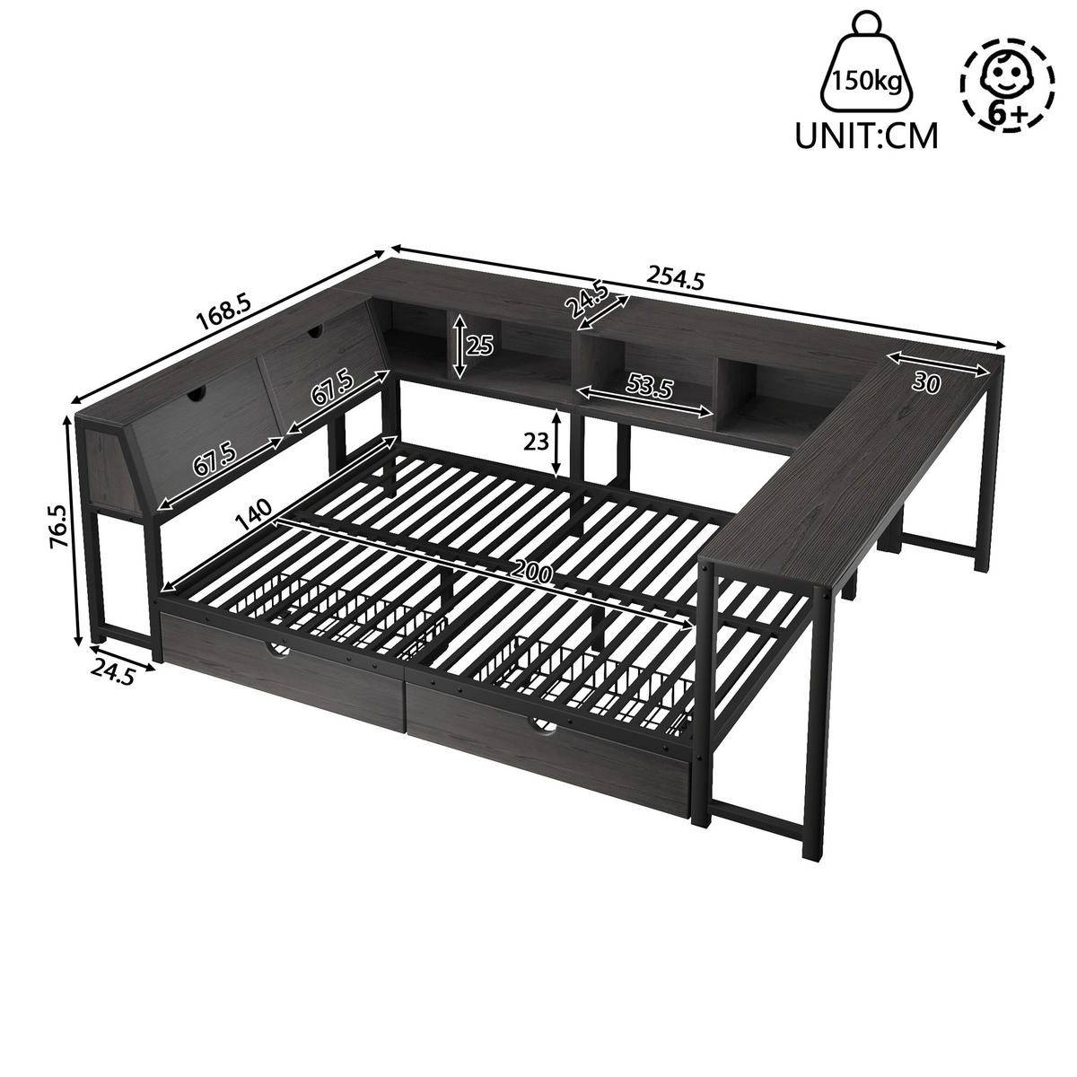 METALLBETT 140x200cm mit Stauraum-Kopfteil, Schwarz - Schwarz, Metall (140/200cm) - KOMHTOM