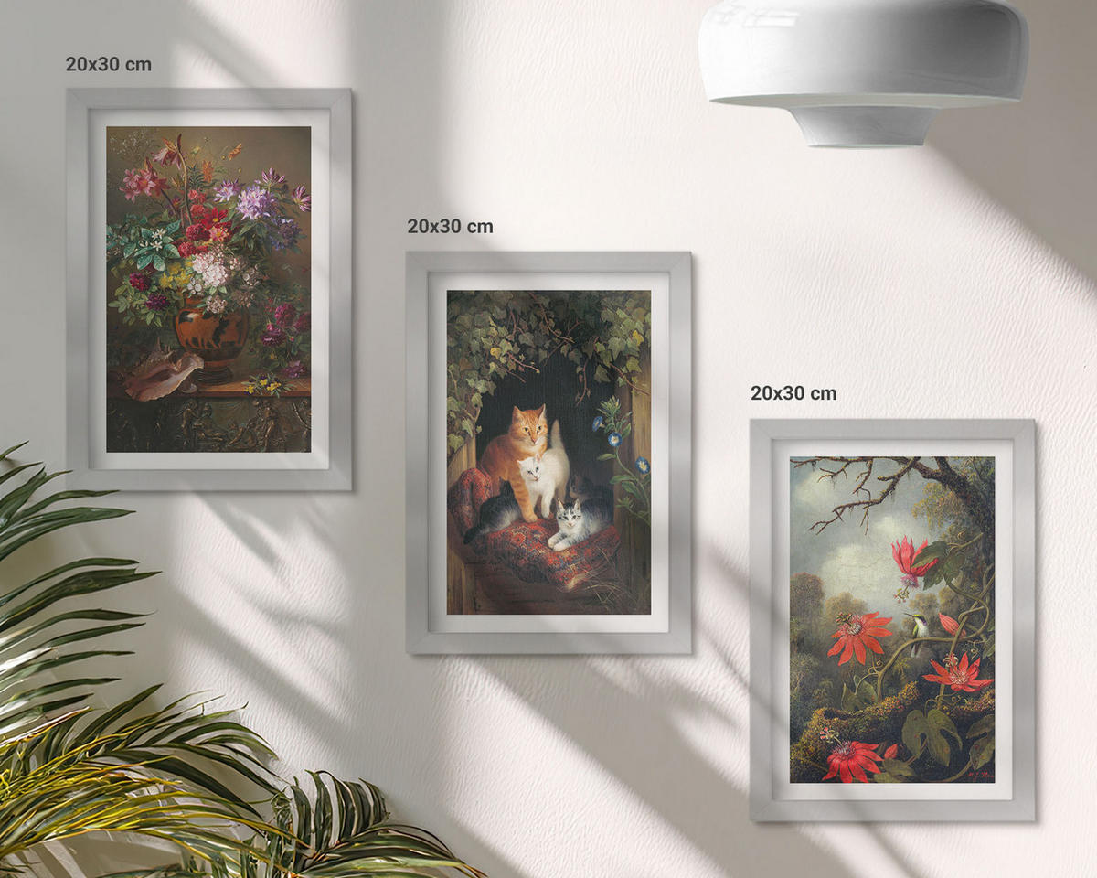 WANDBILDER 3er Set - 20x30 cm Silberner Rahmen - Vintage-Blumen, Katzen, Natur - Silberfarben, Kunststoff (20/30cm) - ArtPrintCave
