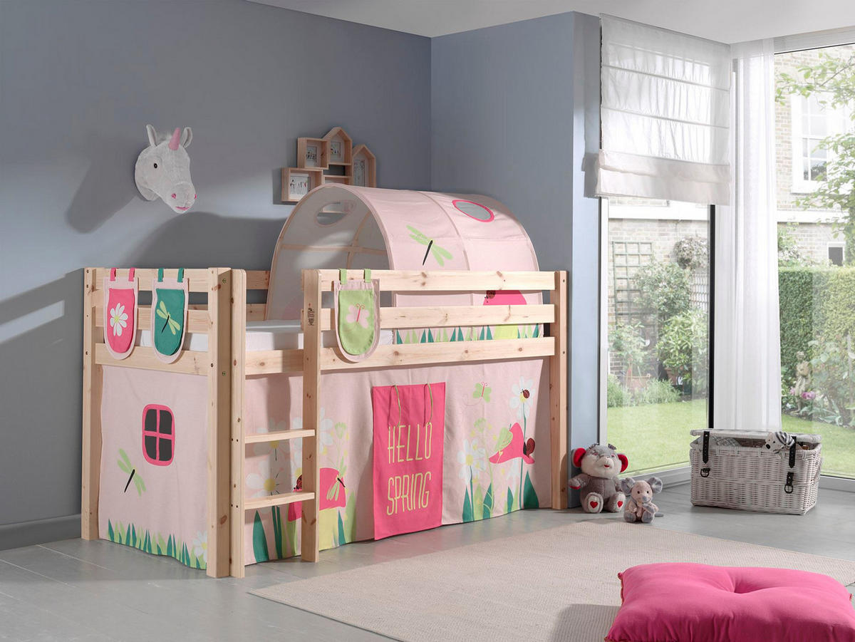 KINDERBETT Karolina 210x114x106 Massivholz Natur Textilset Spring 4 - Hellrosa/Kieferfarben, Holz (90/200cm) - 58aufmkessel