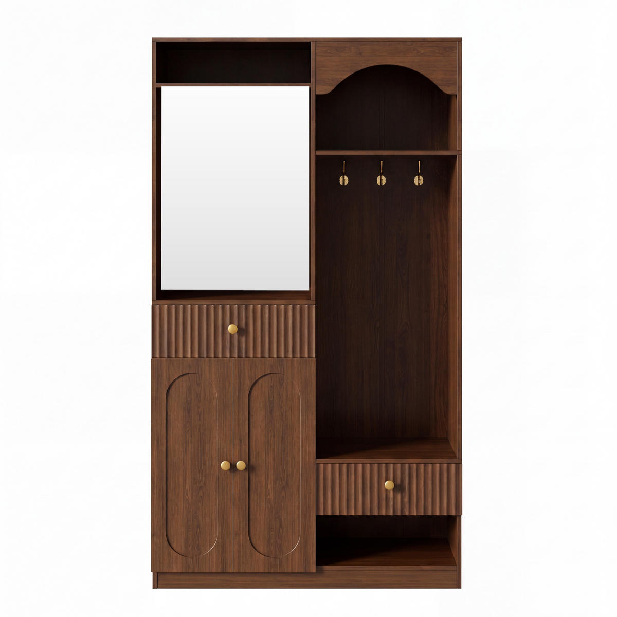 KOMPAKTGARDEROBE Spiegel Sitzbank Schuhschrank Haken LED - Walnussfarben, Holzwerkstoff (100/180/35cm) - FLIEKS