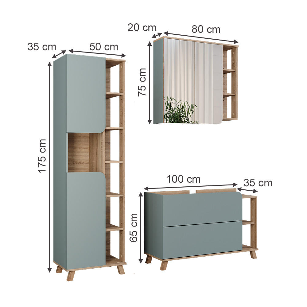 BADMÖBEL-SET Karen Sonoma/Blau 3 Teile - Blau, Holzwerkstoff (100/65/35cm) - Vicco