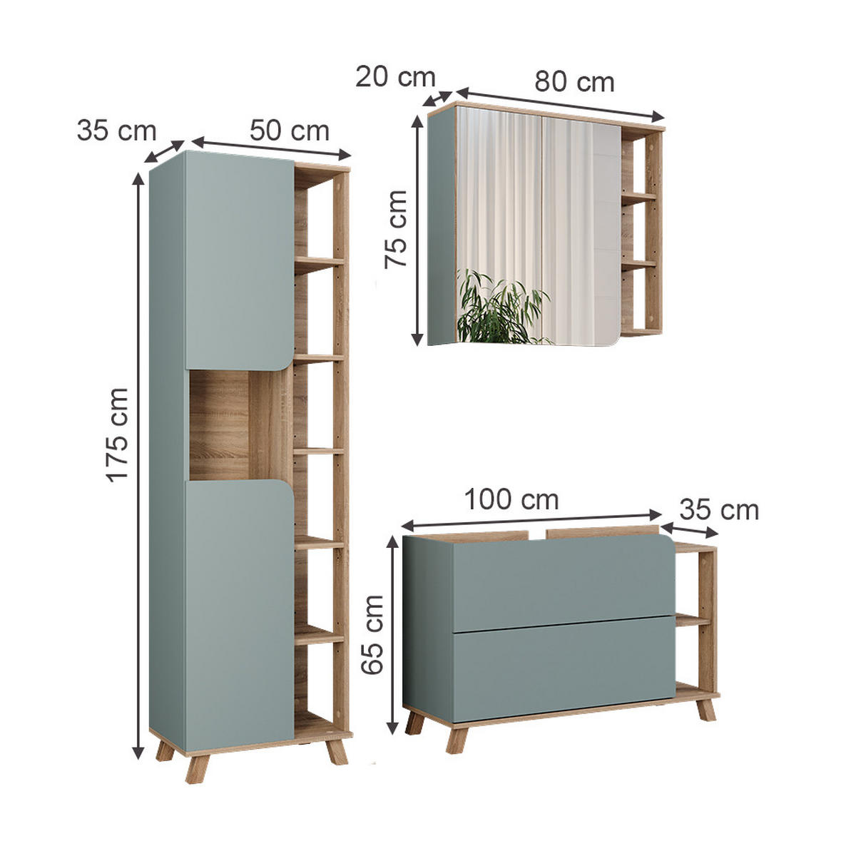 BADMÖBEL-SET Karen Sonoma/Blau 3 Teile - Blau, Holzwerkstoff (100/65/35cm) - Vicco