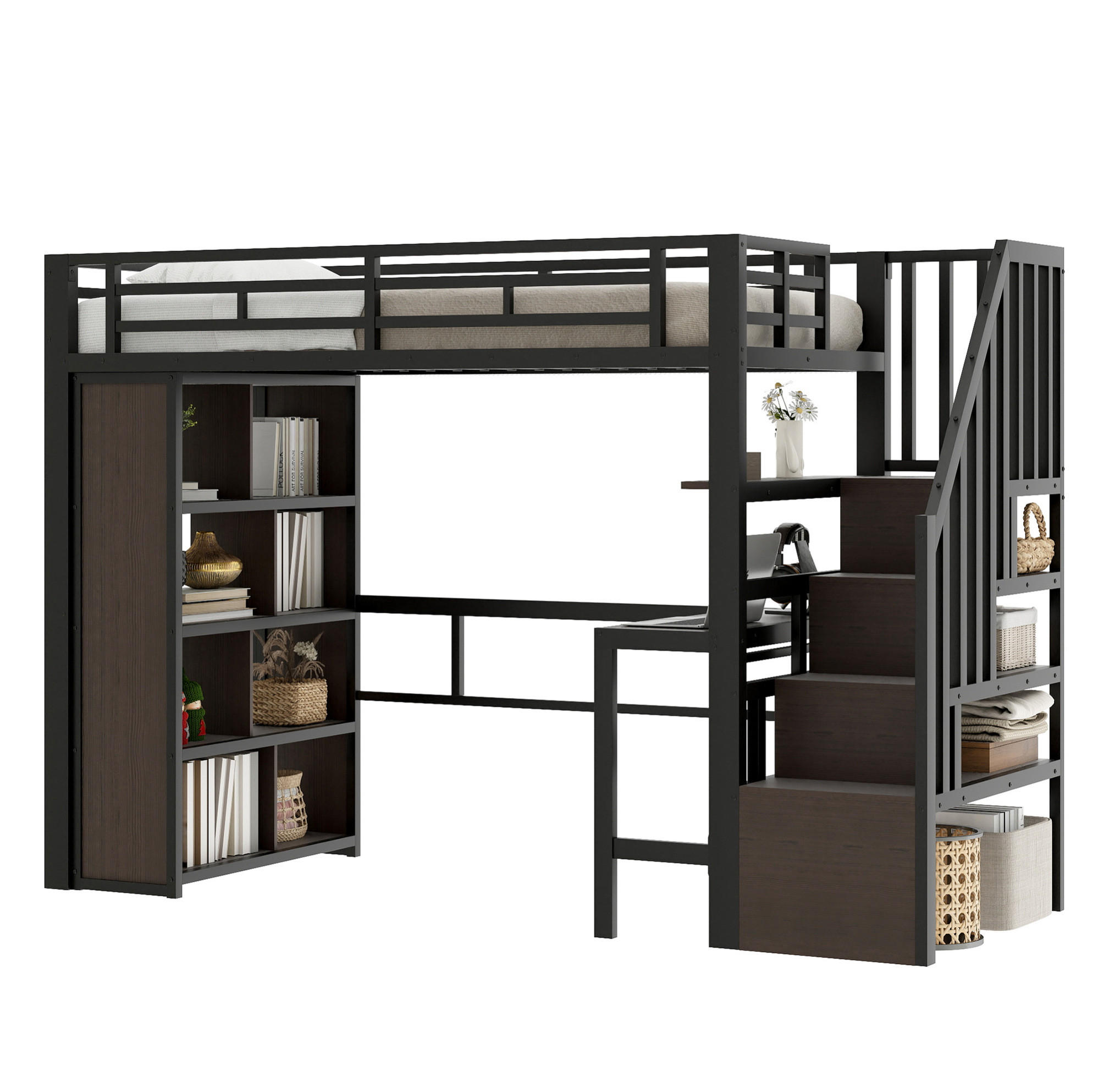 HOCHBETT aus Metall und MDF 90x200 cm Schwarz mit Schreibtisch, LED-Lichtleiste und Stauraumtreppe - Schwarz, Metall (90/200cm) - Modfu