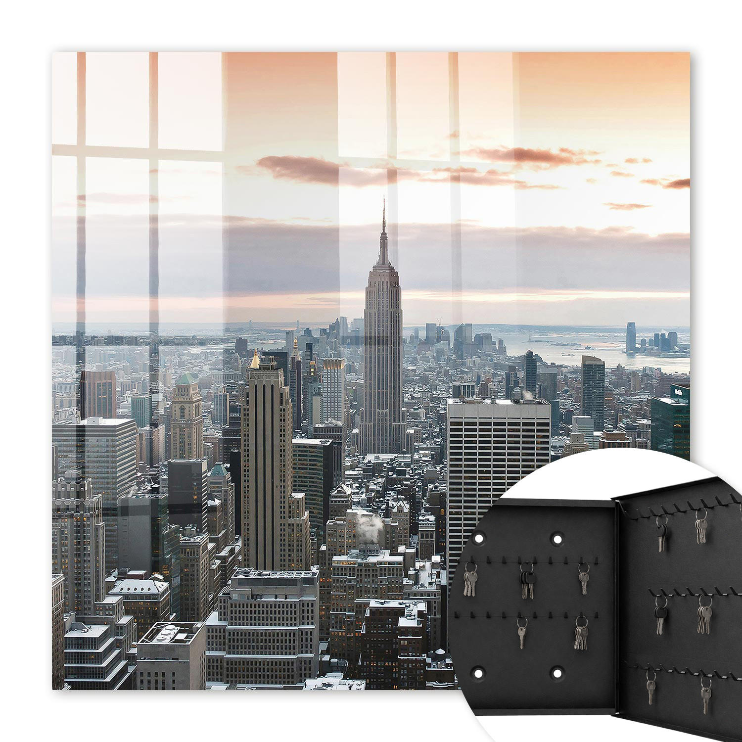 SCHLÜSSELBOX Schwarz 30x30 cm- Türöffnung nach rechts - Stadtpanorama - Grau, Metall (30/30/5cm) - TULUP