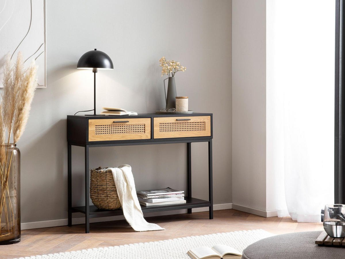 KONSOLENTISCH – Schwarz, 100x30x75 cm, mit Wiener Geflecht, Schubladen und Ablage - Schwarz, Holzwerkstoff/Metall (30/100/75cm) - KADIMA DESIGN