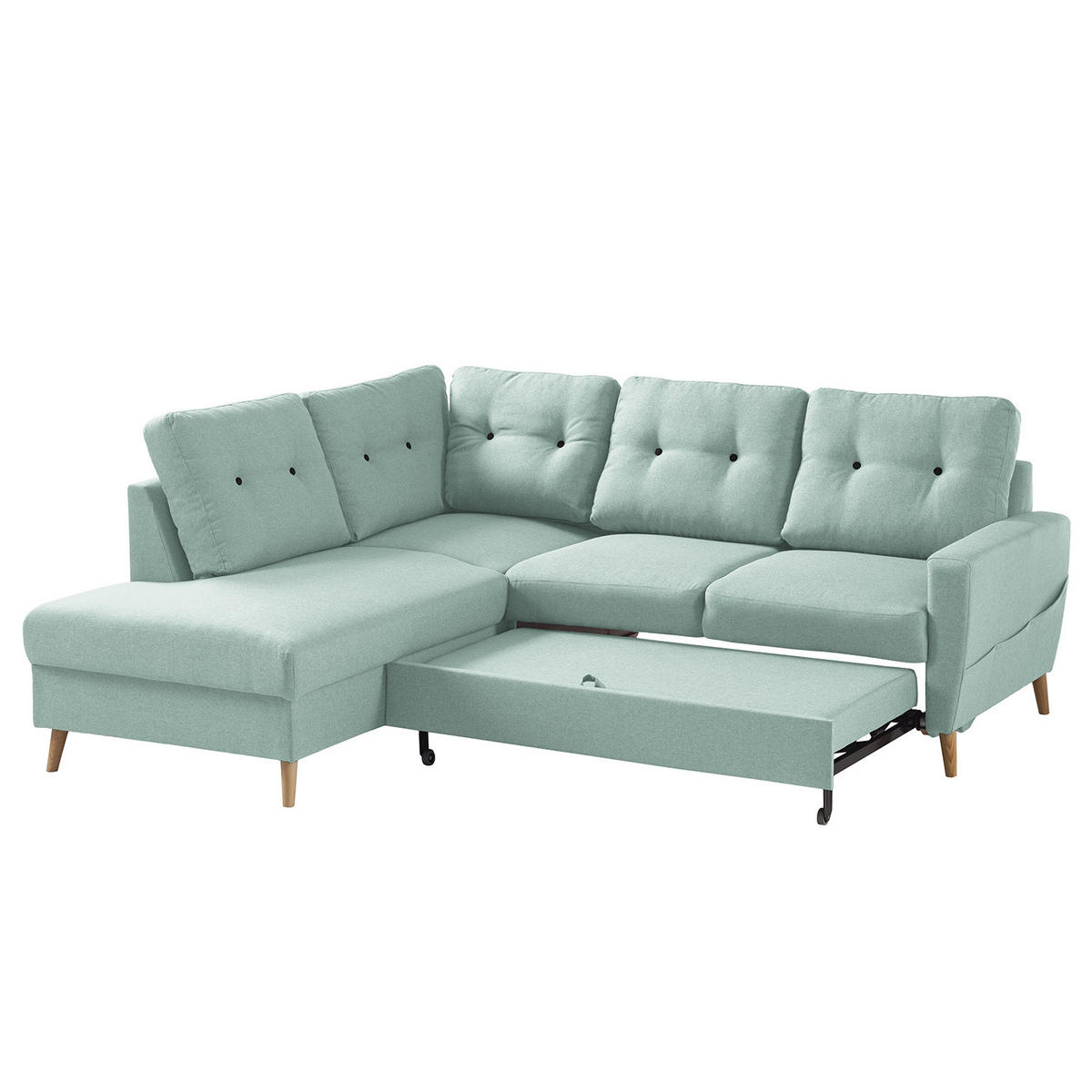 ECKSOFA mit Ottomane - Webstoff - Hellbraun/Mintgrün, Holz/Textil (230/200cm) - home24