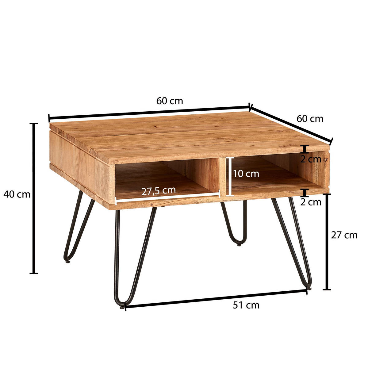 COUCHTISCH aus massivem Akazienholz mit Metallgestell und Stauraum im modernen Design - Beige/Schwarz, Holz/Metall (60/60/40cm) - KADIMA DESIGN