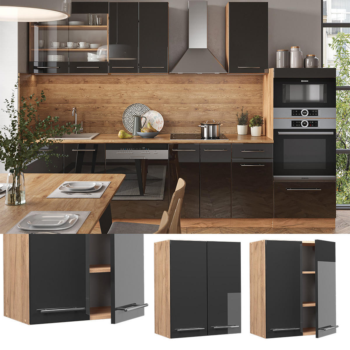 HÄNGESCHRANK Fame-Line Anthrazit Hochglanz 60 cm - Honigeiche/Schwarz Hochglanz, Holzwerkstoff (60/72/34.1cm) - Vicco