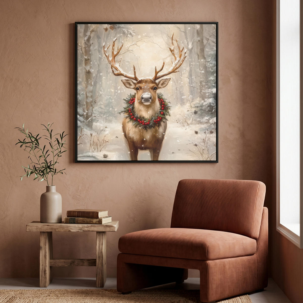 LEINWAND Bilder mit Rahmen - Weihnachten - Rentier - Winter - Kranz - 90x90 - Naturfarben, Textil (90/90cm) - MuchoWow