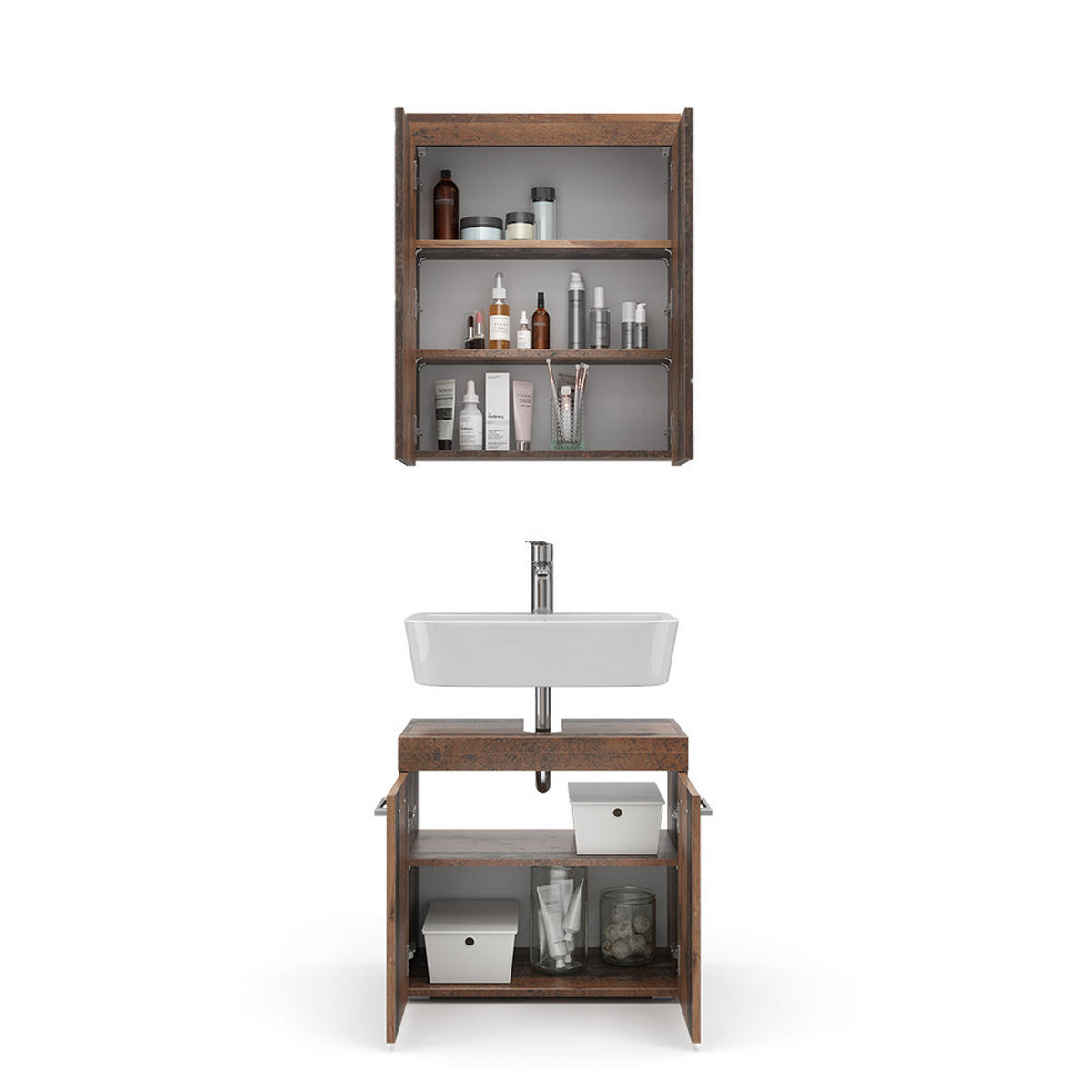 BADMÖBEL-SET Luna Oldstyle 2 Teile - Braun, Holzwerkstoff (60/56/34cm) - Vicco